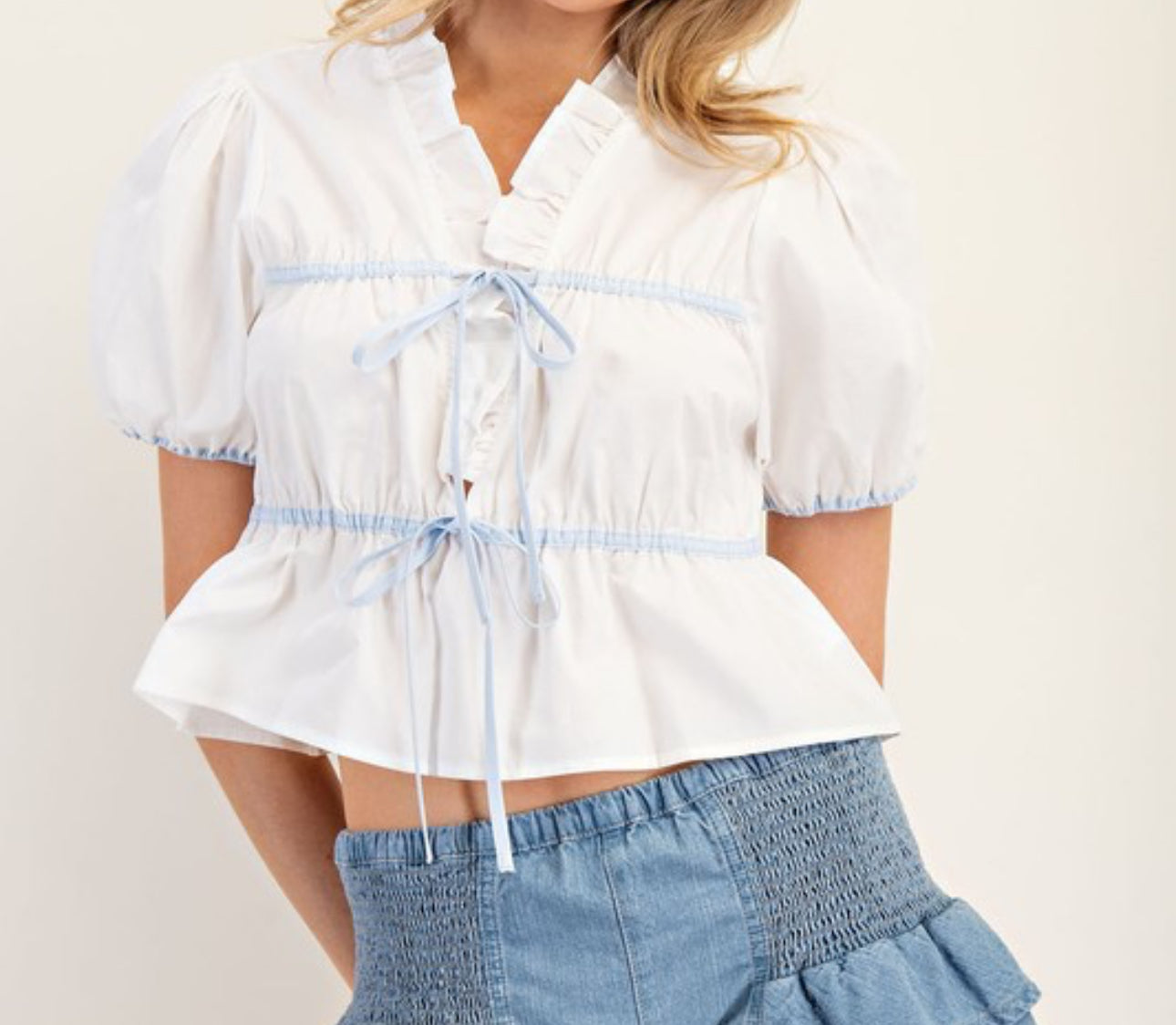 White and Blue Puff Sleeve Top – Invey