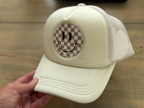 Tan and White Smiley Trucker Hat