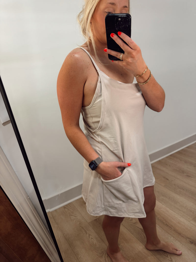 Mini Dress With Built In Romper Beige